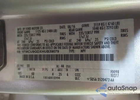 2017 Ford Escape Se из США, поврежденный, VIN 1FMCU9GDXHUB39079